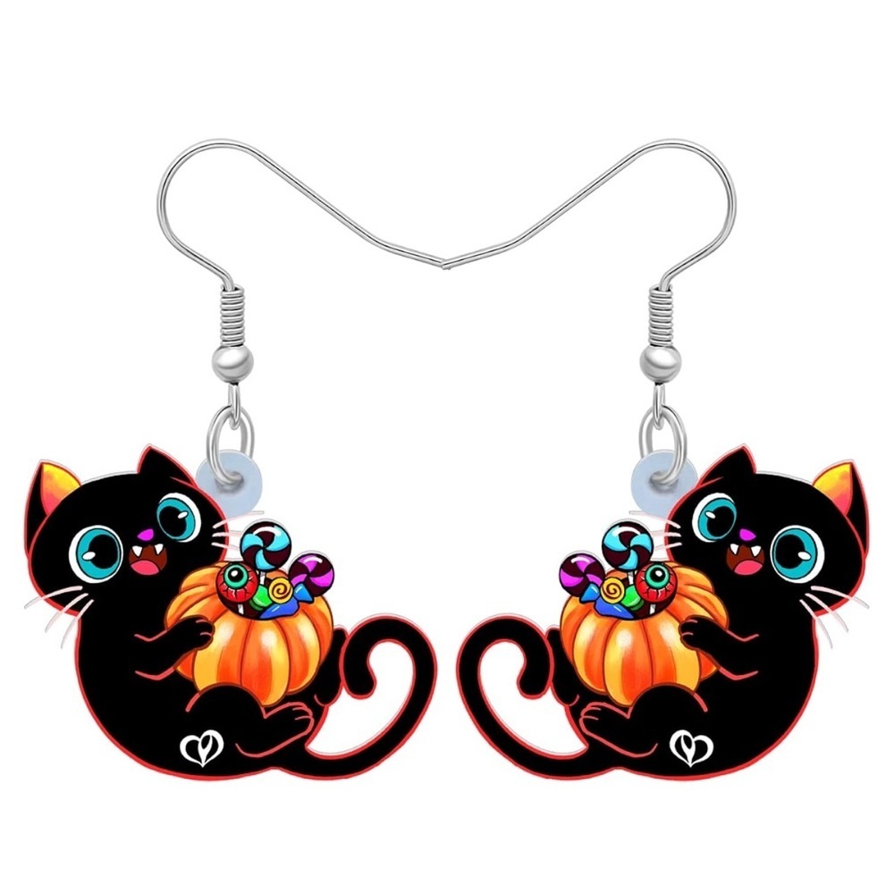 Black Cat 2D Earrings with Orange Pumpkin Charm